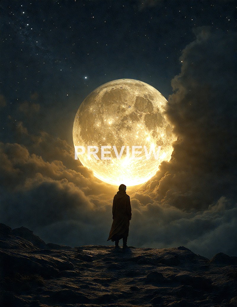 A person standing on a rocky surface beneath a large, luminous moon surrounded by clouds and stars in the night sky.